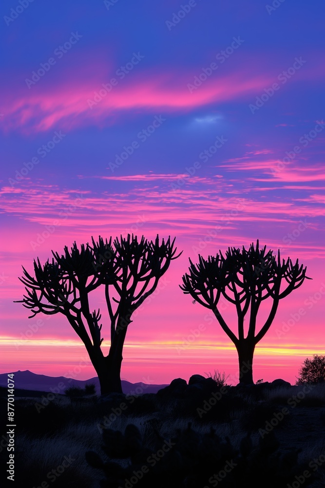 As dusk settles, the savanna presents a scenic silhouette against the purple sunset sky As dusk settles, the savanna presents a scenic silhouette against the purple sunset sky