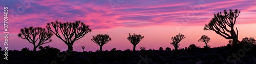 In the evening savanna, a stunning sunset silhouette adorns the panoramic landscape with purple hues