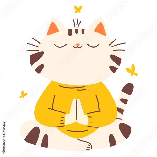 Flat vector illustration in children's style. Cute cat sitting in lotus pose and meditating . Vector illustration