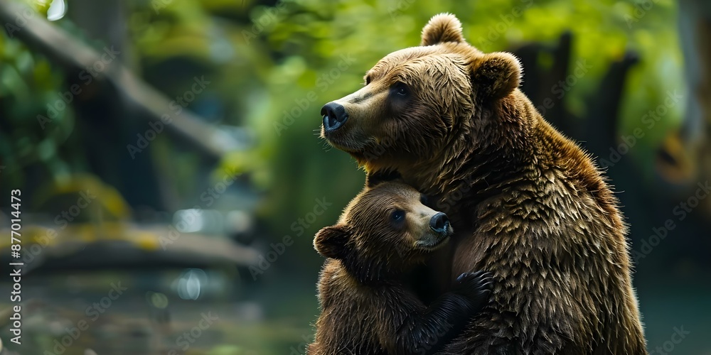Obraz premium An Adorable Hyperrealistic Image of a Mother Bear Embracing Her Cub. Concept Wildlife Photography, Motherhood, Animal Conservation, Nature's Beauty, Love and Bonding