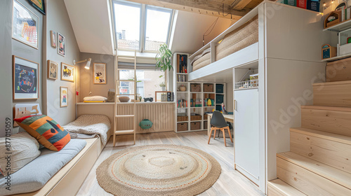 This cool kid's room in Amsterdam has a loft bed, a fun play area, and lots of storage. It gets lots of natural light from a skylight and a side window.
