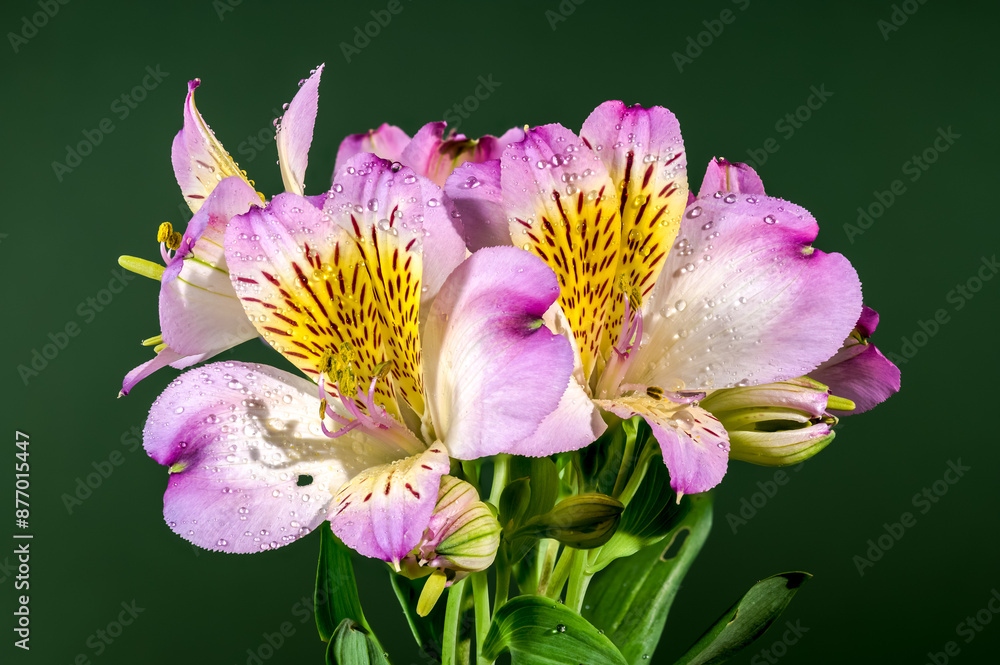 Fototapeta premium Blooming pink Alstroemeria on a green background