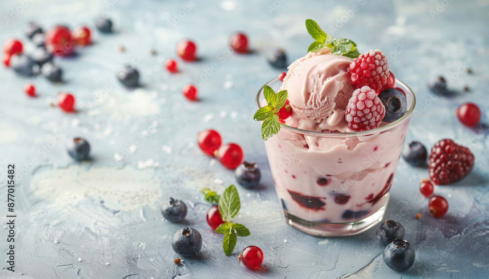 Ice cream with raspberries in a glass and with different fresh berries on a light background. Ice cream with raspberries in a glass and with different fresh berries on a light background.