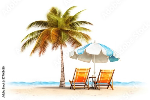 Fototapeta Naklejka Na Ścianę i Meble -  Umbrella with palm trees and sand summer beach chair.