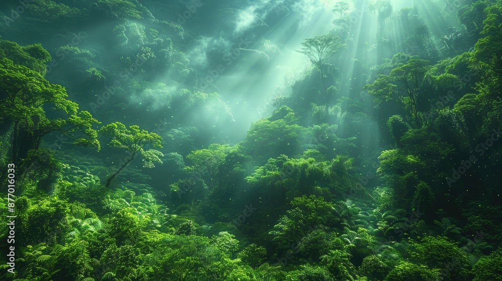 Obraz premium Sunrays Through Lush Rainforest Canopy