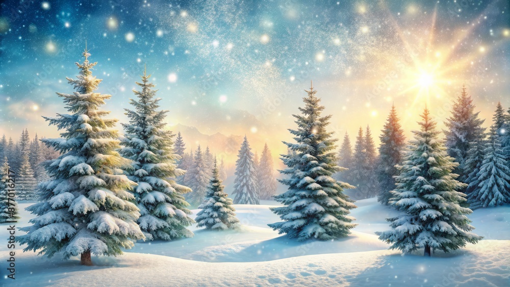 Serene winter wonderland scene featuring blurred snow-covered pine trees against a soft, creamy white snowy background, perfect for festive decor. Serene winter wonderland scene featuring blurred snow-covered pine trees against a soft, creamy white snowy background, perfect for festive decor.