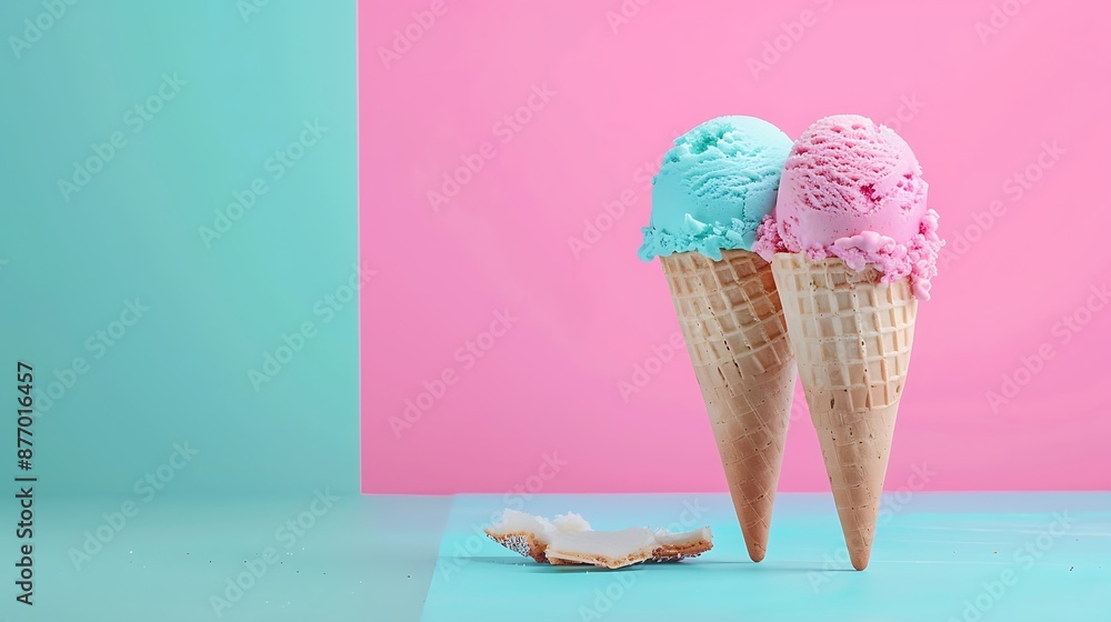 delicious ice-cream with bread isolated on pink and blue background delicious ice-cream with bread isolated on pink and blue background