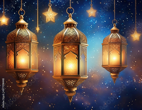 Ramadan Kareem greeting card with arabic lanterns and stars