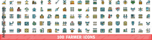 100 farmer icons set. Color line set of farmer vector icons thin line color flat on white
