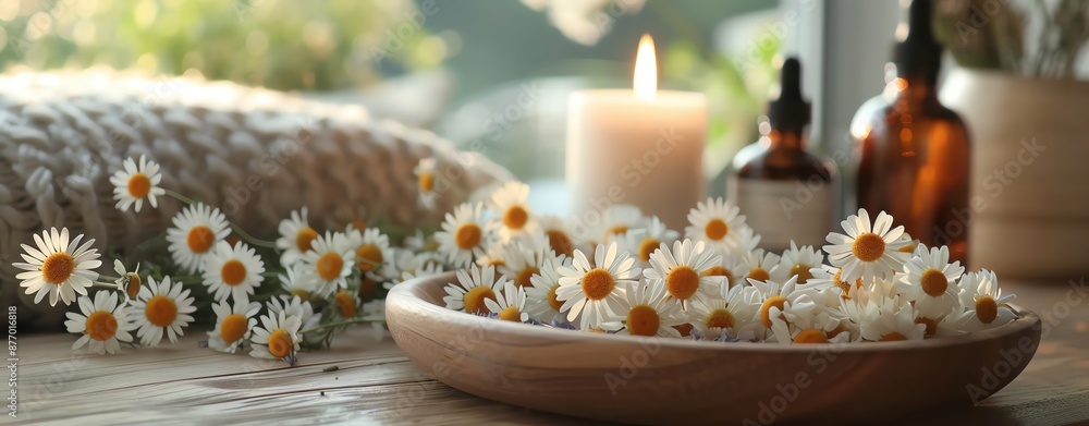 Relaxing aromatherapy setup with essential oils and chamomile Relaxing aromatherapy setup with essential oils and chamomile