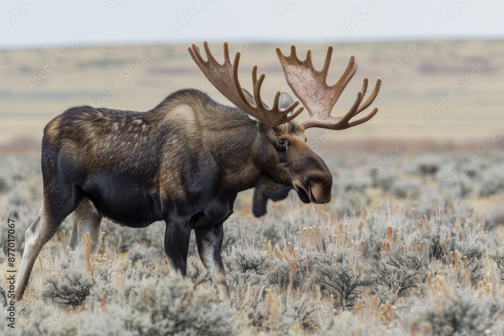 A Large Bull Moose walks across the sage flats with its large rack swaying side to side to ward off any competition from other bull suitors. A Large Bull Moose walks across the sage flats with its large rack swaying side to side to ward off any competition from other bull suitors.