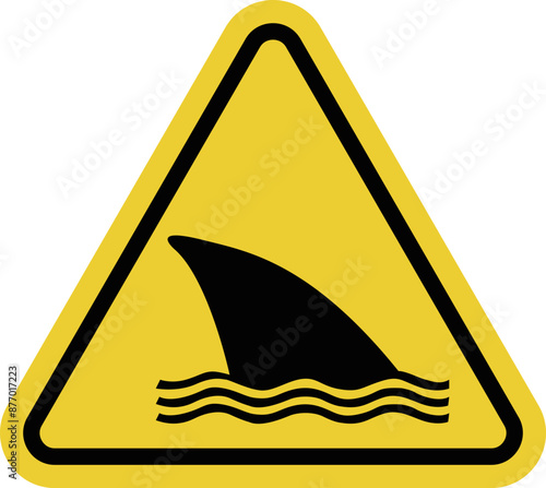 Sign shark. Sign killer whale. Warning about presence of sharks in water areas, on beaches, in marine reserves and other places where there may be threat. Warning yellow triangular road sign.