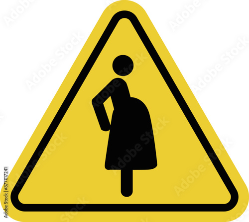 Sign pregnant women. Need for special attention to pregnant women, ensuring the safety, needs and comfort of pregnant women. Woman expecting child. Warning yellow triangular road sign.