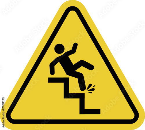 Slippery stairs sign. Caution stairs may become slippery due to weather conditions, water, oil or other factors. Prevention of accidents. Warning yellow triangular road sign.
