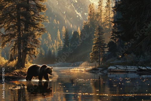 A large male Grizzly Bear makes its way to the river as light begins to wain deep in the forest of the Grand Teton Valley. photo