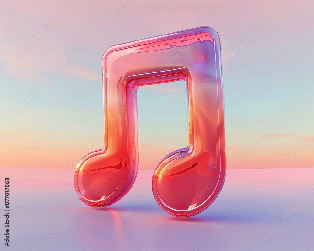 A shiny red music note icon against a colorful sunset background. A shiny red music note icon against a colorful sunset background.