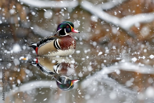 A male Wood Duck admires its reflection during an unseasonably late snow storm on there East Coast. photo