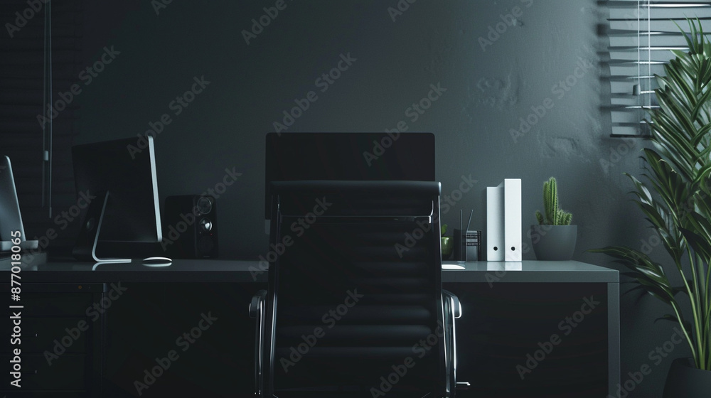 Fototapeta premium Sophisticated 3D workspace: Plush chair, foliage, and tech essentials arranged seamlessly against a striking black wall