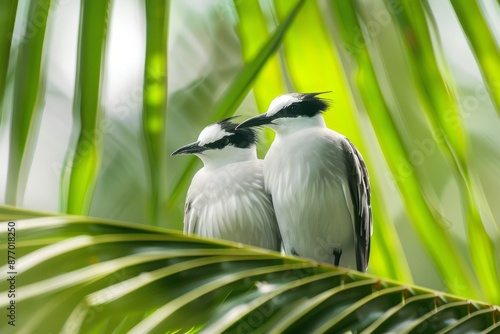 A pair of Common noddy tern's (Anous stolidus) sitting on a palm leaf photo