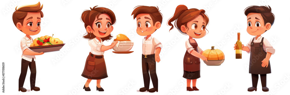 Three Cute Thanksgiving Guests - Arriving with Dish, Wine, and Hugs in Kawaii Style Isolated cut out dicut PNG on transparent Three Cute Thanksgiving Guests - Arriving with Dish, Wine, and Hugs in Kawaii Style Isolated cut out dicut PNG on transparent