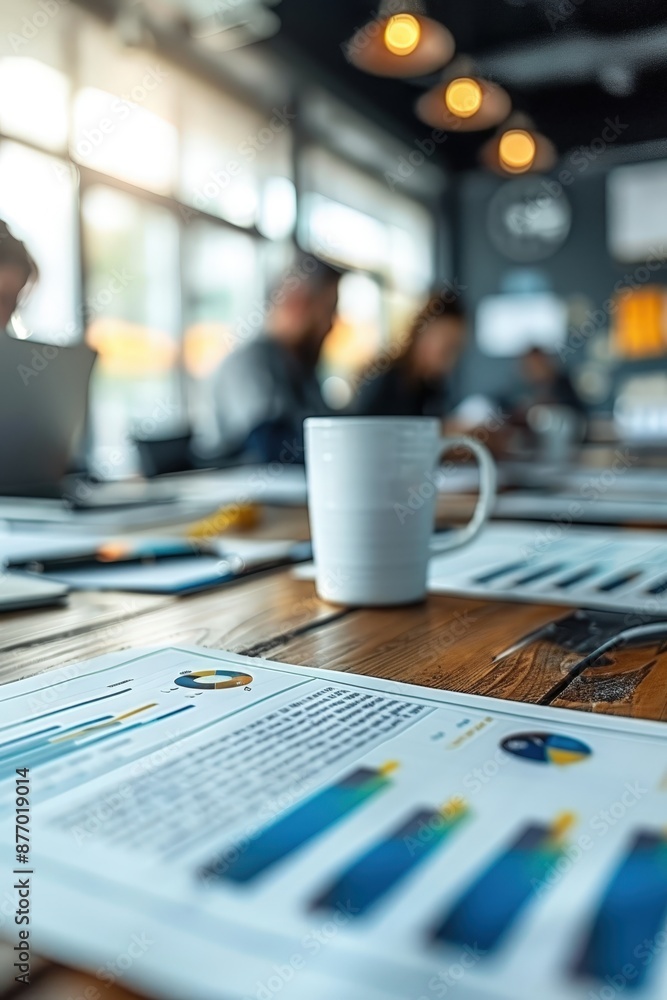 A modern office setting with a white coffee mug and business documents on a wooden table, blurred background of people in a meeting. A modern office setting with a white coffee mug and business documents on a wooden table, blurred background of people in a meeting.