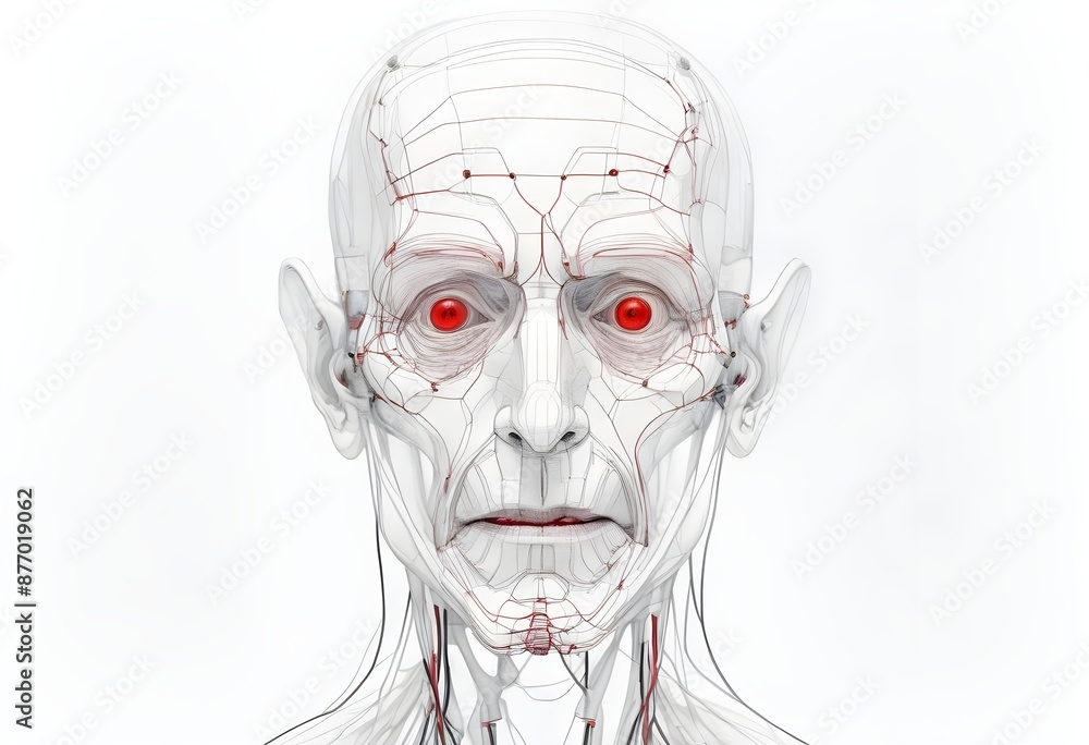Elderly Male Robot with Red Eyes and Human-Like Wrinkles, AGI Representation Schematic Drawing Elderly Male Robot with Red Eyes and Human-Like Wrinkles, AGI Representation Schematic Drawing