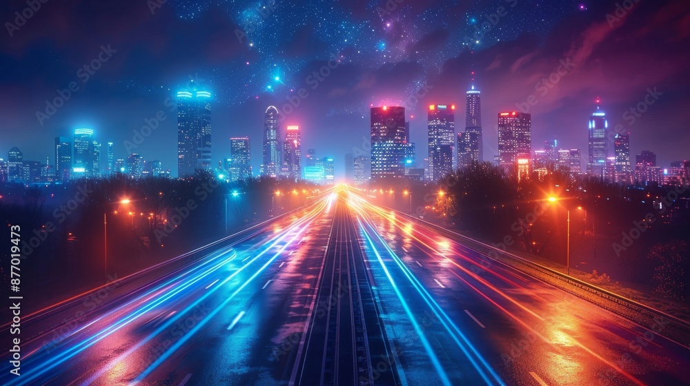 Vibrant Night Cityscape with Neon Lights and Highway - Generative AI Vibrant Night Cityscape with Neon Lights and Highway - Generative AI