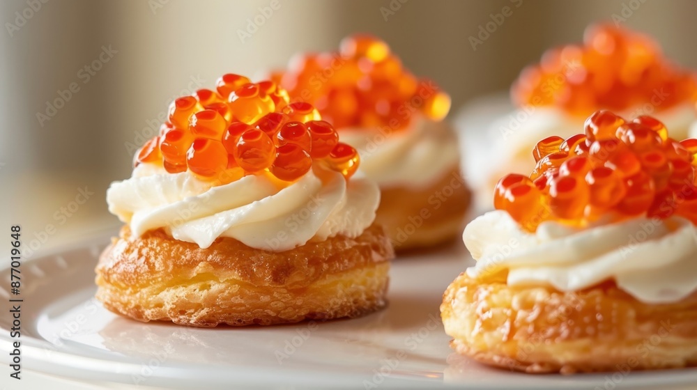 Gourmet Mini Tartlets with Caviar and Cream on Elegant Plate Gourmet Mini Tartlets with Caviar and Cream on Elegant Plate