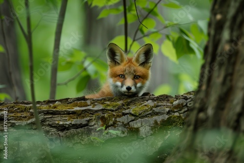 A Red Fox Kit hides from its ornery siblings from behind a dead tree trunk deep in the forest.