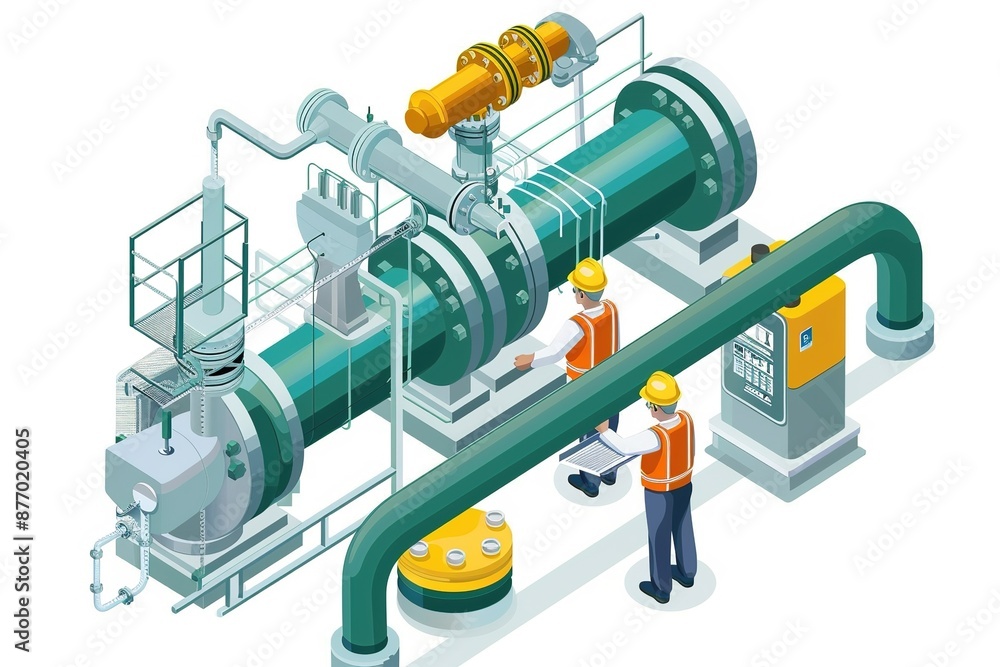 two Engineers checking Transmission System h2 green hydrogen Pipeline, isometric, isolated white background two Engineers checking Transmission System h2 green hydrogen Pipeline, isometric, isolated white background