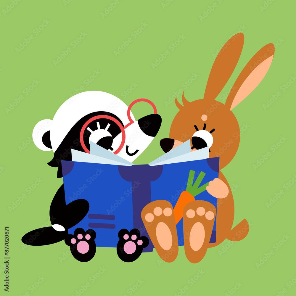 Deux amis,un lapin et un blereau, lisent un livre ensemble Deux amis,un lapin et un blereau, lisent un livre ensemble