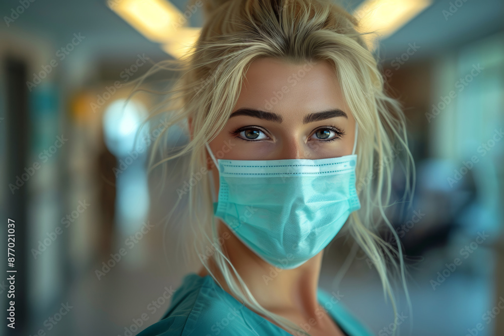 Close up portrait of female healthcare worker wearing surgical mask, highlighting her striking eyes and focused expression, representing strength and commitment to patient care Close up portrait of female healthcare worker wearing surgical mask, highlighting her striking eyes and focused expression, representing strength and commitment to patient care