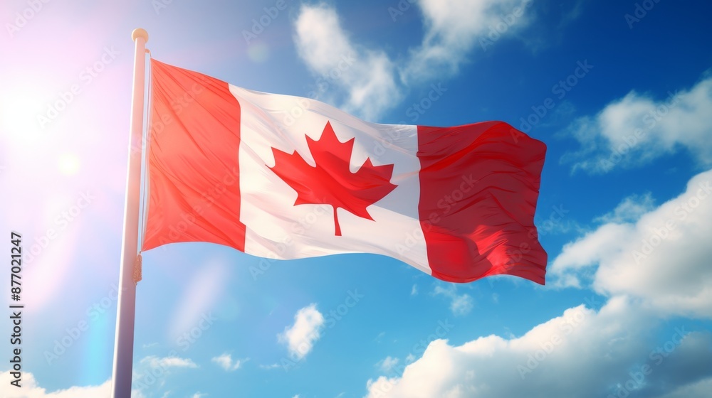 Canadian Flag Waving Proudly Against a Sunny Blue Sky. Happy Canada Day Canadian Flag Waving Proudly Against a Sunny Blue Sky. Happy Canada Day