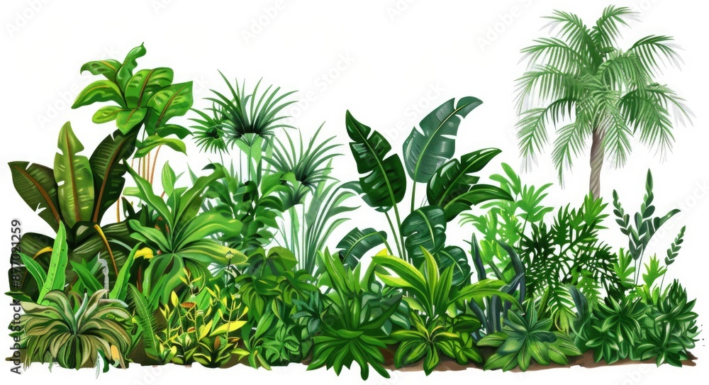 Vegetation. Jungle Plants Group Set on Ground with Green Grass Bushes Composition Vegetation. Jungle Plants Group Set on Ground with Green Grass Bushes Composition