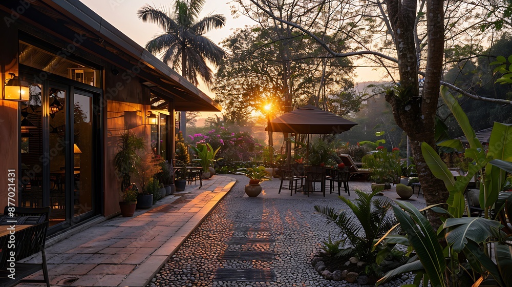 Obraz premium Exterior gallery in rural hotel at sunset
