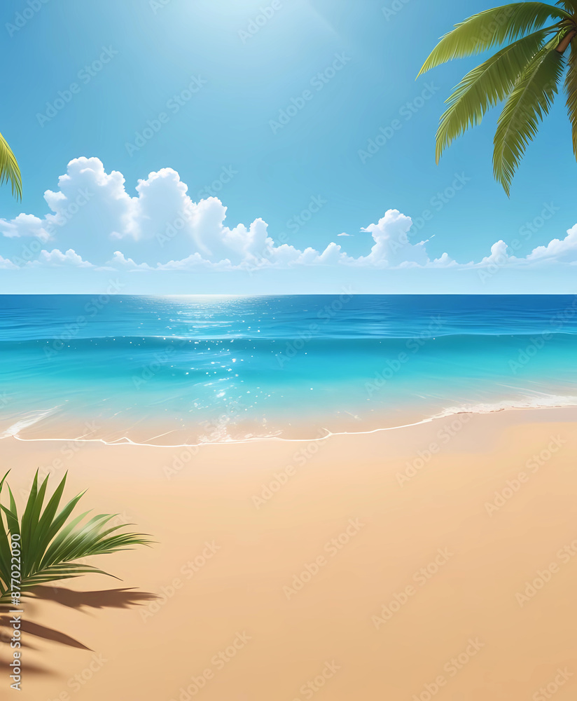 Fototapeta premium Tropical beach with blue ocean and palm trees against bright blue sky with white clouds