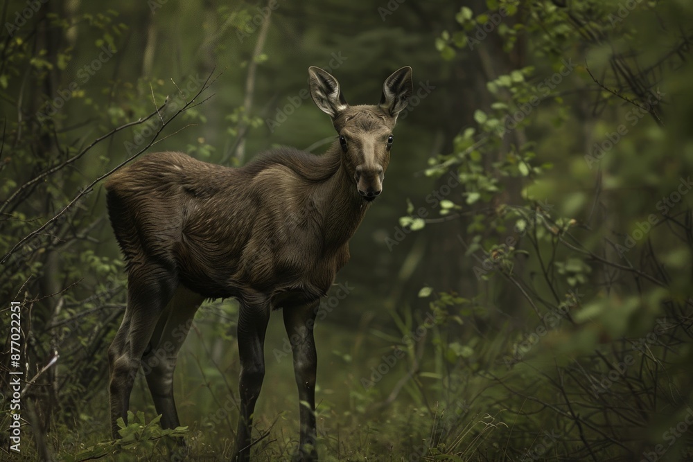 Obraz premium A young moose calf stands tall at the edge of the forest