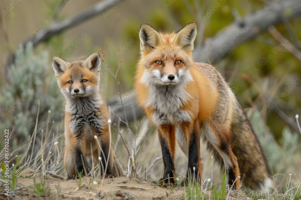 A Young Red Fox Kit stays close to momma while exploring its new outside world. A Young Red Fox Kit stays close to momma while exploring its new outside world.