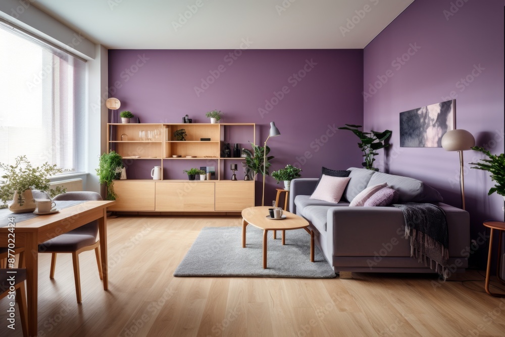 Fototapeta premium Modern Living Room with Purple Wall and Stylish Furniture