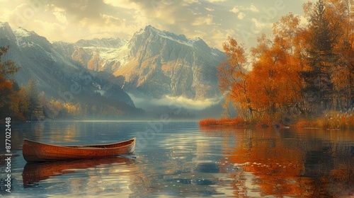 Majestic Mountain Lake in Autumn with Canoe - Generative AI