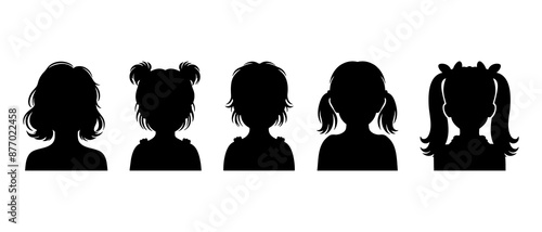 silhouettes of  girls avatars. Profile silhouette of children, front view black filled vector Illustration icon.
