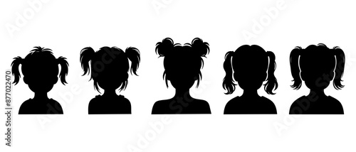 silhouettes of  girls avatars. Profile silhouette of children, front view black filled vector Illustration icon.