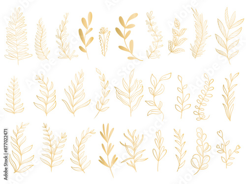 Golden twigs, herbs and foliage set. Beautiful shining botanical collection. Leaves clip art, vector graphics