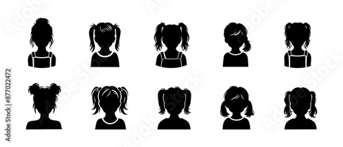 silhouettes of  girls avatars. Profile silhouette of children, front view black filled vector Illustration icon.