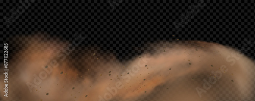 Vector background of a sand explosion with dirt and cloud smoke. Brown sandstorm splash and  dirty ground with a textured wind effect.Yellow flying particles and stone.