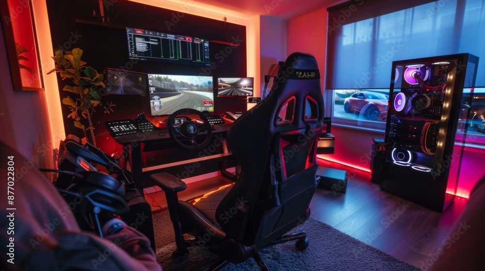A gaming setup with a racing wheel and RGB lighting, featuring a racing ...