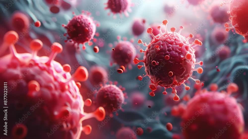 Microscopic view of a Virus among some blood cells. medical research and health education concept Microscopic view of a Virus among some blood cells. medical research and health education concept
