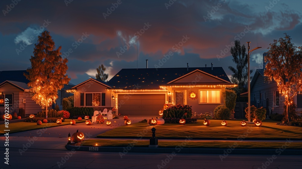 Sleek Suburban House with Halloween Lights and Jack-o'-Lanterns in a Quiet Residential Area Sleek Suburban House with Halloween Lights and Jack-o'-Lanterns in a Quiet Residential Area