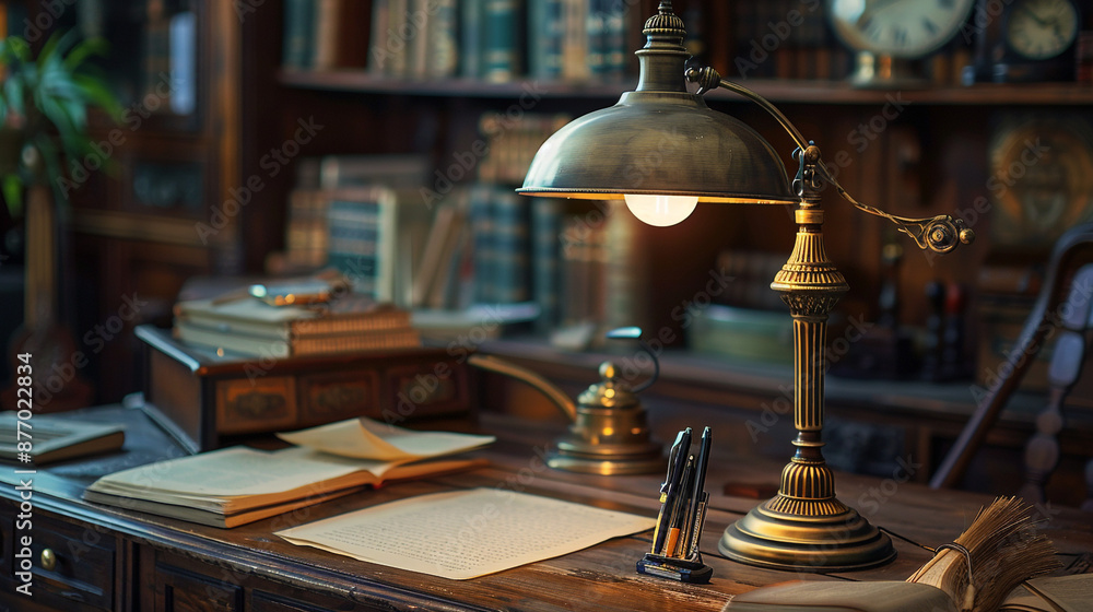 An antique bronze table lamp with intricate detailing, enhancing a vintage writing desk in a study room. An antique bronze table lamp with intricate detailing, enhancing a vintage writing desk in a study room.