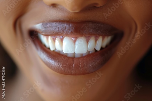 Close-up of an African American woman with a big smile showing her teeth. Classic image for a dental clinic. Racial diversity